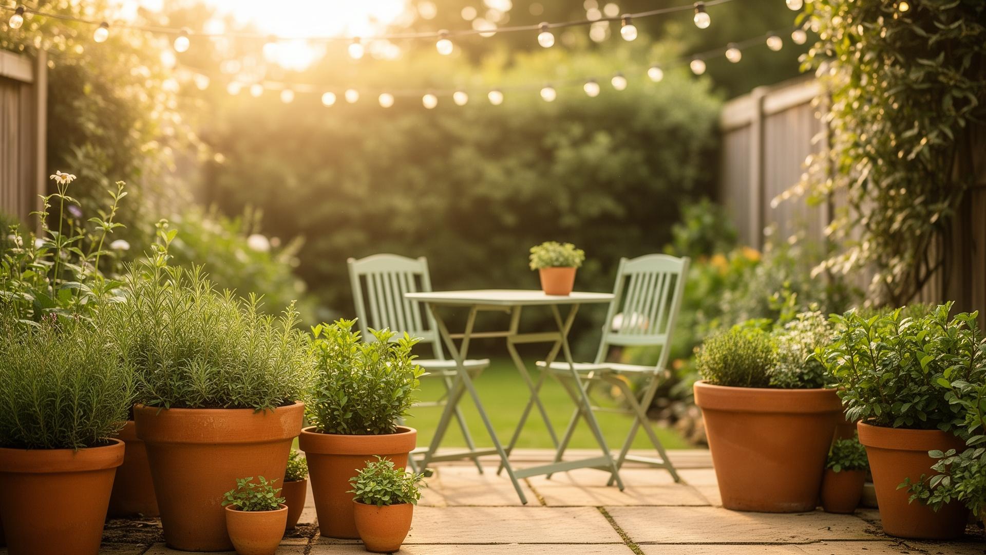 A small UK patio at golden hour with bistro set, herbs in terracotta pots and warm string lights